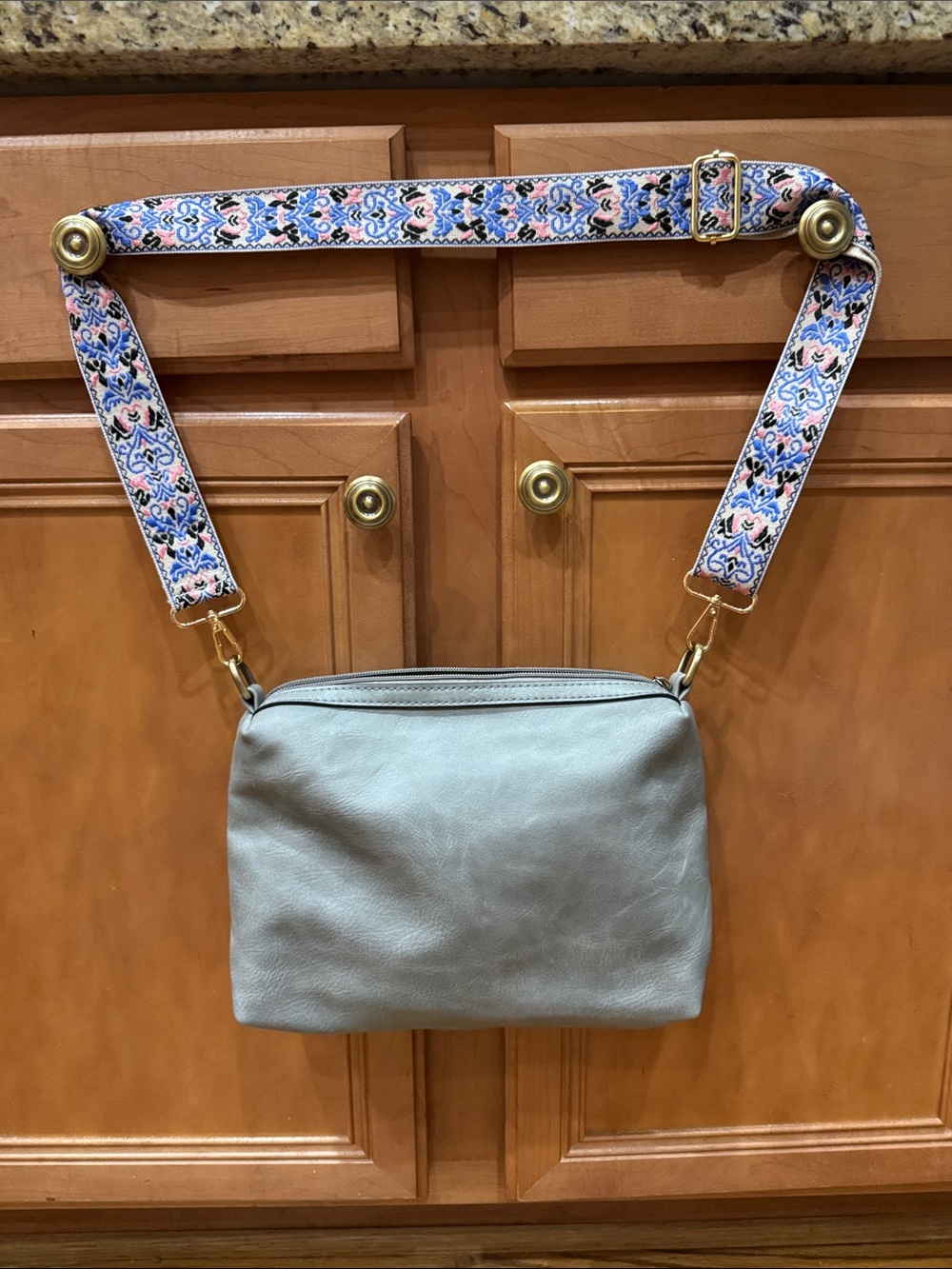 Joy Susan Light Gray Faux Leather Crossbody with Embroidered Strap
